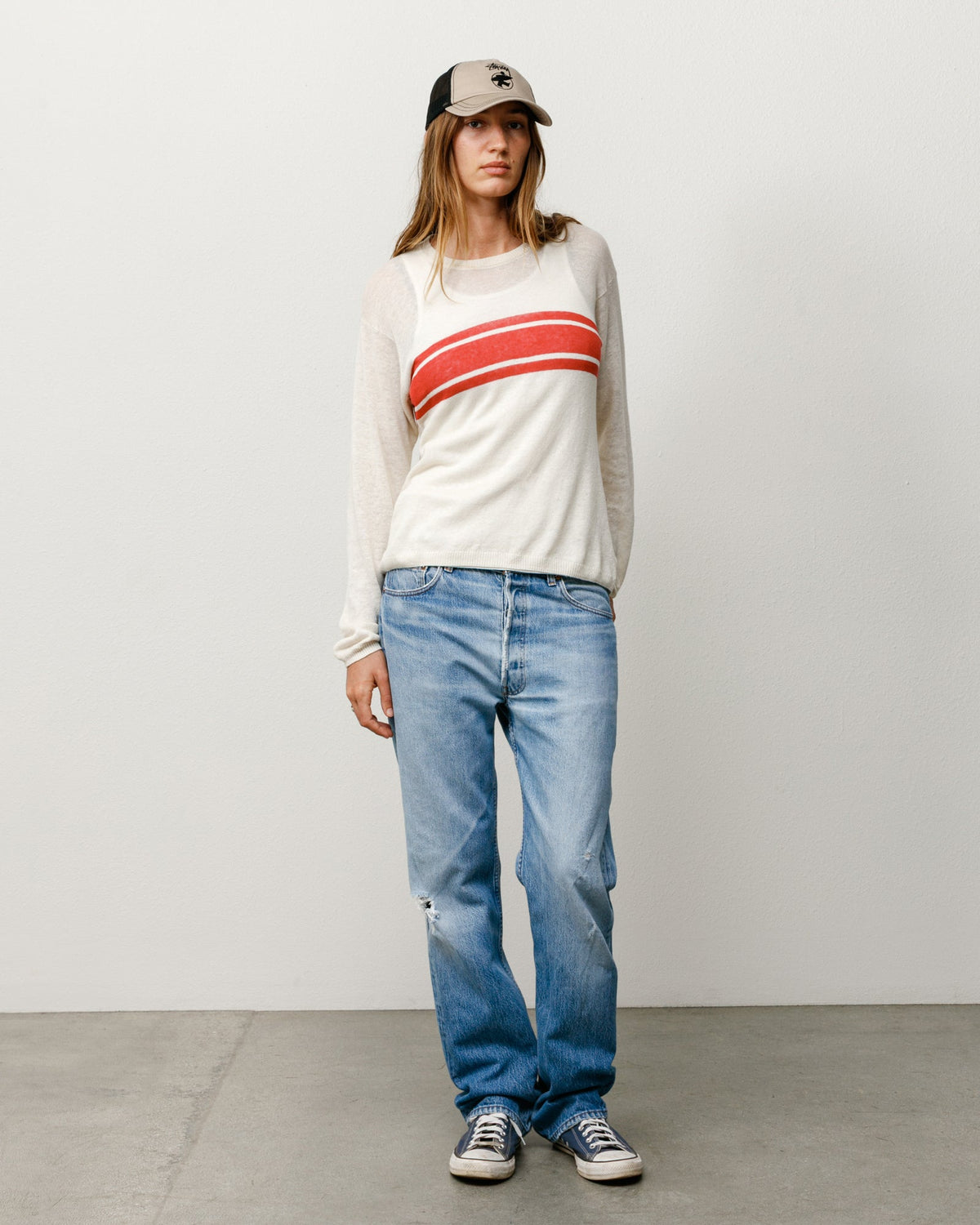 Lightweight Striped Sweater in Bone, relaxed-fit linen-cotton long-sleeve with ribbed crewneck and cuffs