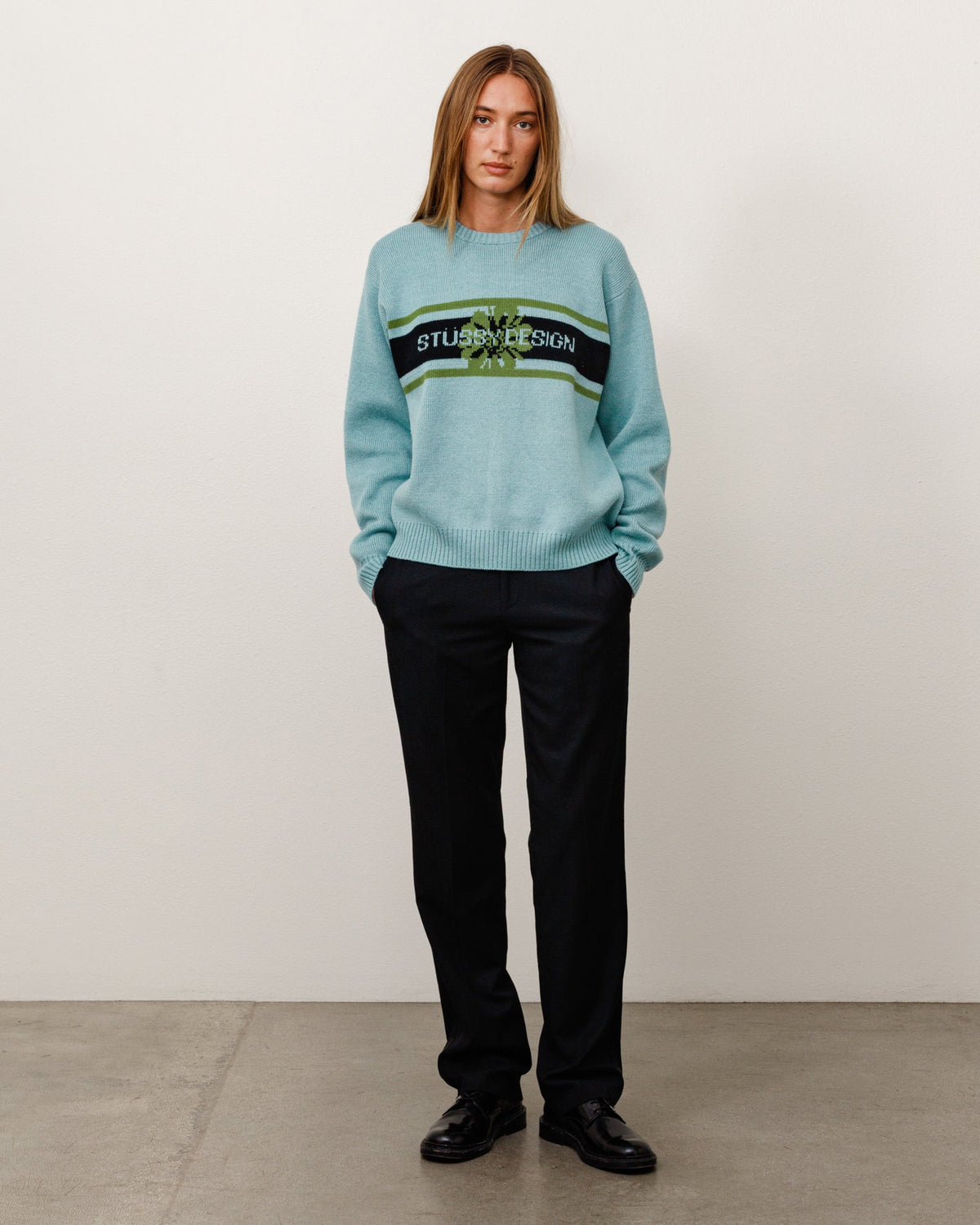 Striped Hibiscus Sweater Unisex Long Sleeve In Dusty Blue