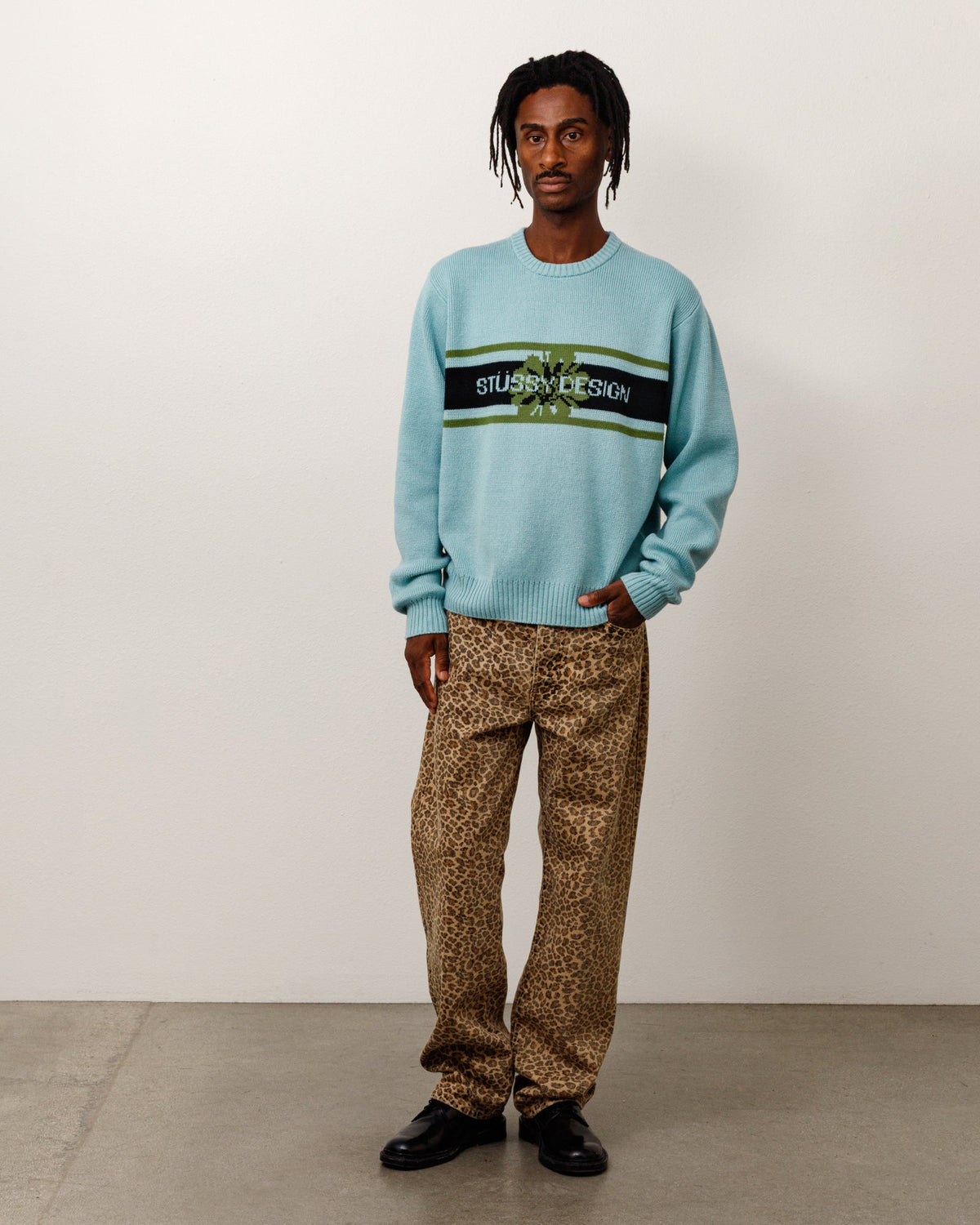 Striped Hibiscus Sweater Unisex Long Sleeve In Dusty Blue