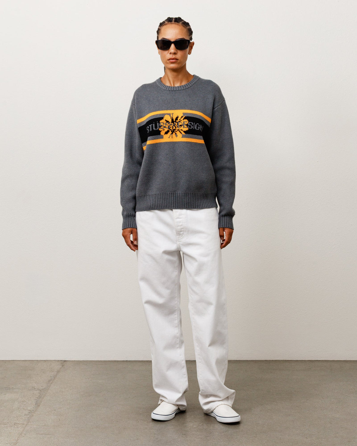 Striped Hibiscus Sweater Unisex Long Sleeve In Grey