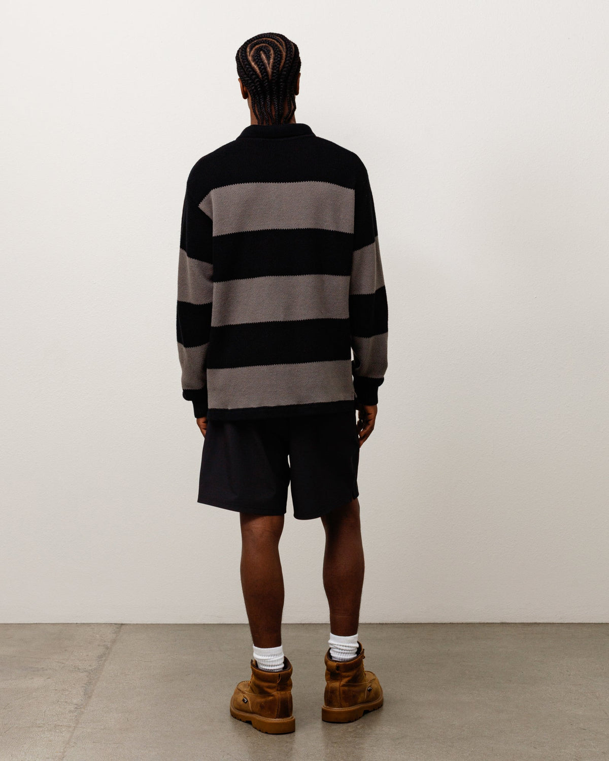 Pique Knit Stripe Rugby Unisex Long Sleeve In Black