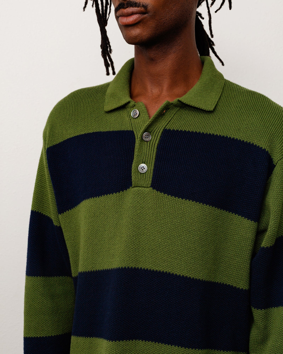 Pique Knit Stripe Rugby Unisex Long Sleeve In Olive