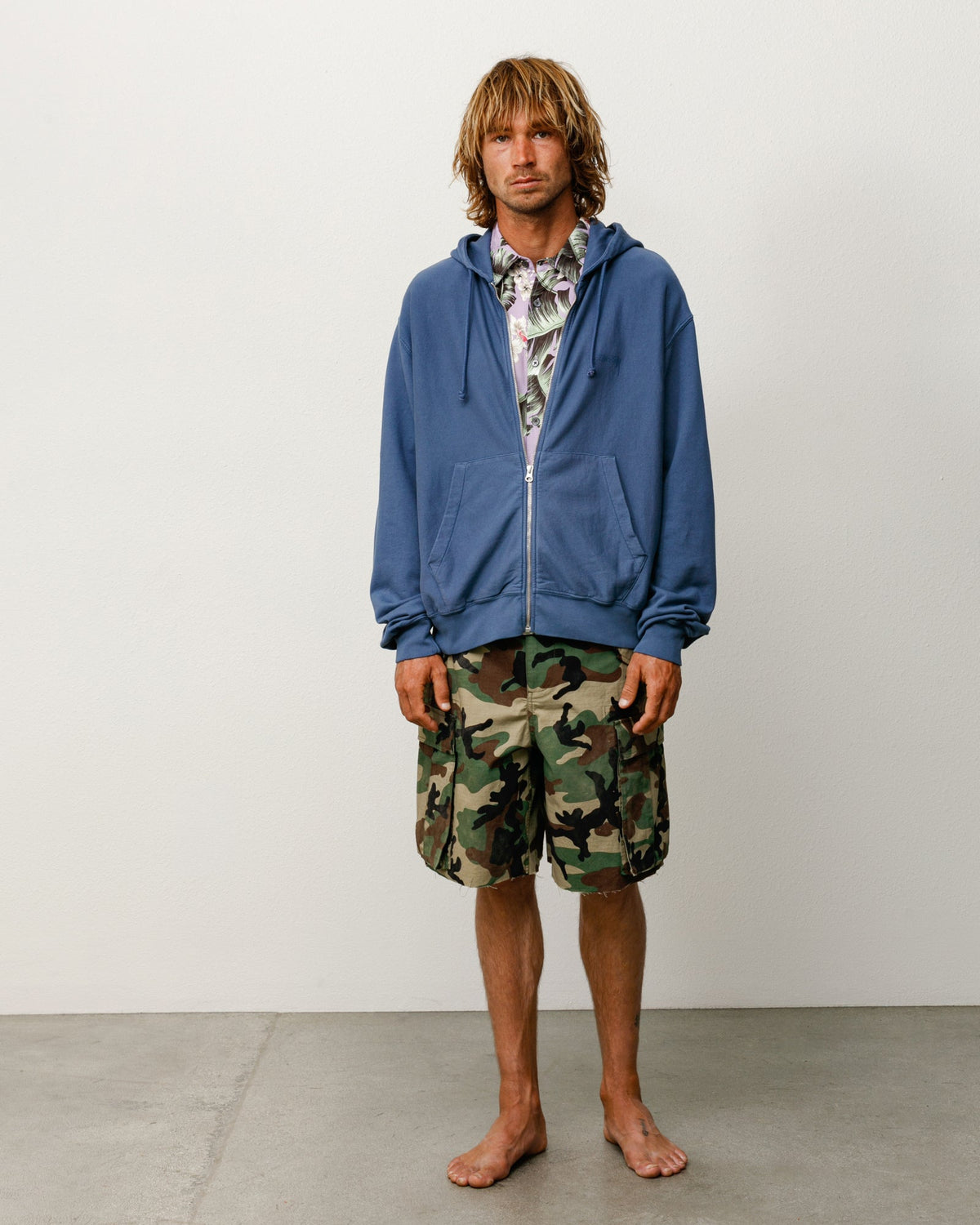 Lightweight Terry Zip Hoodie Unisex Long Sleeve In Blue
