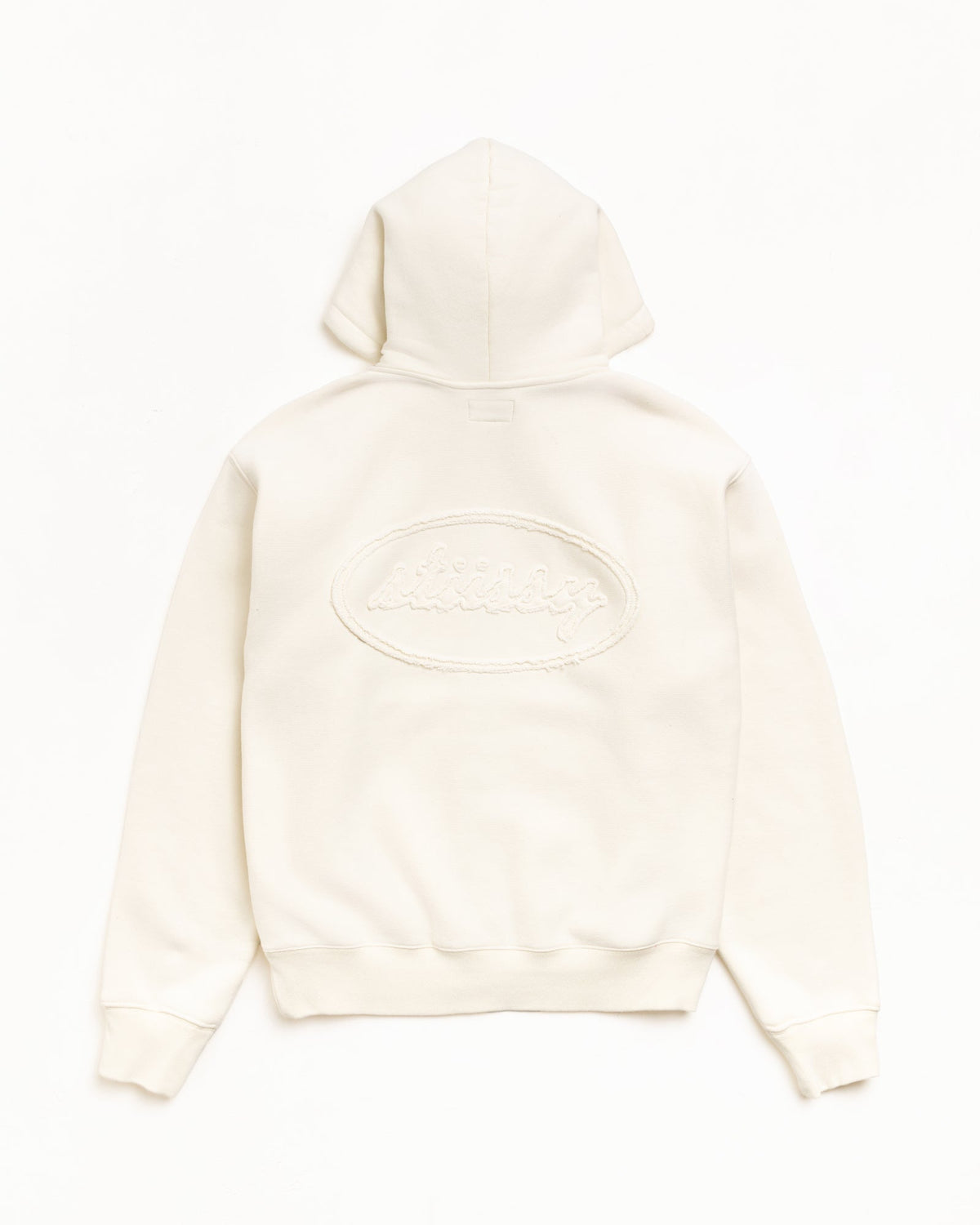 Cursive Applique Zip Hoodie in Natural, back view with tonal cursive applique