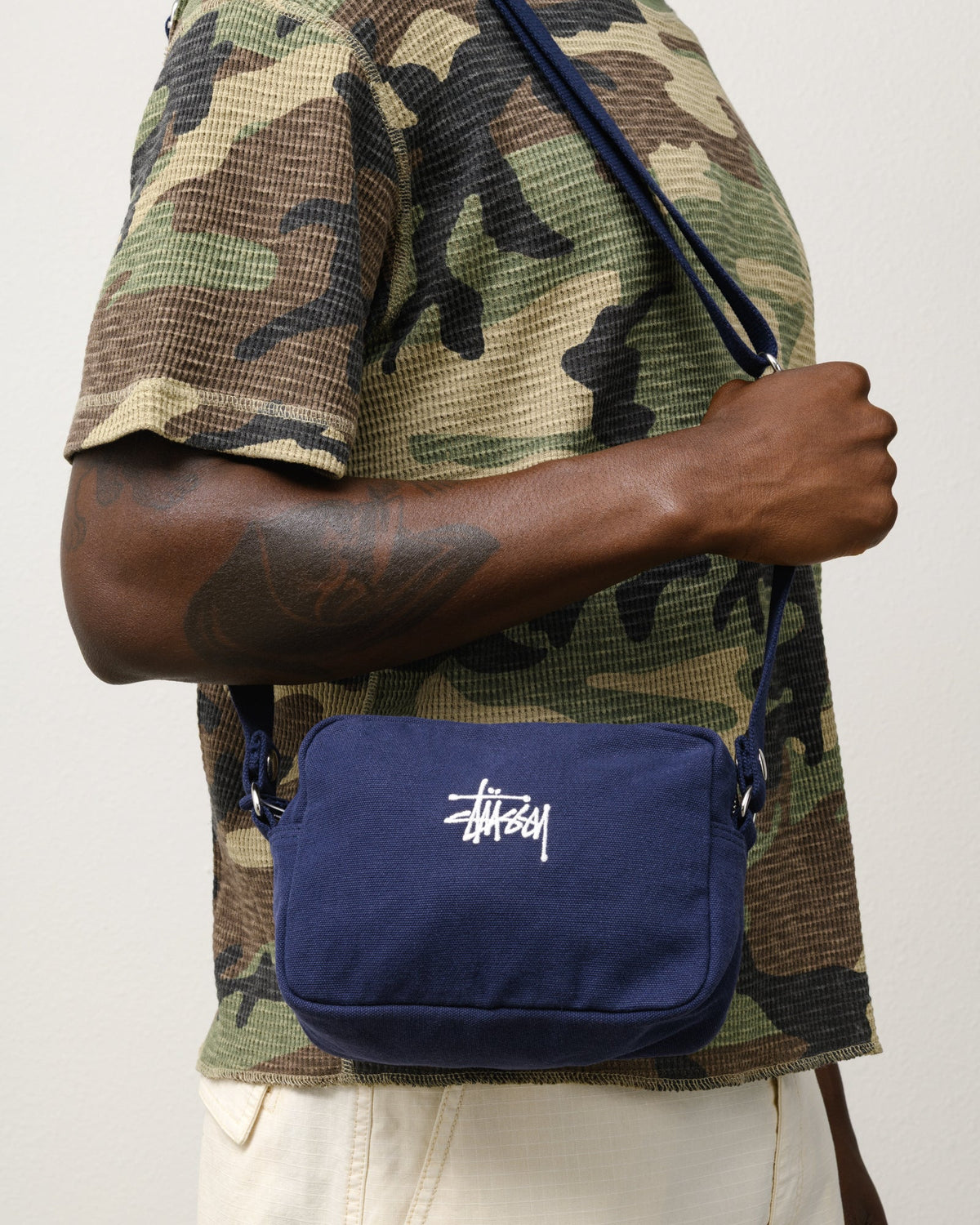 CANVAS POUCH Accessories in Navy, 12oz cotton crossbody with Stüssy logo and adjustable strap