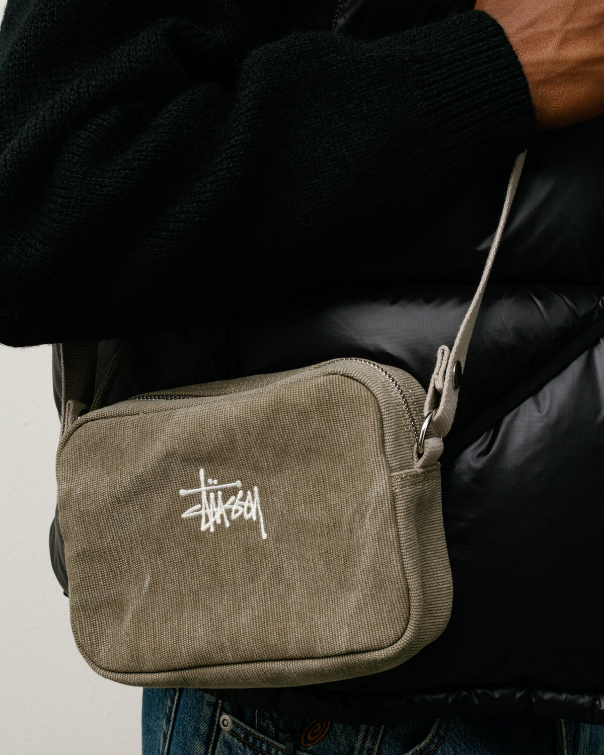 WAXED CANVAS POUCH Accessories in Stone, waxed canvas crossbody with white Stüssy logo embroidery