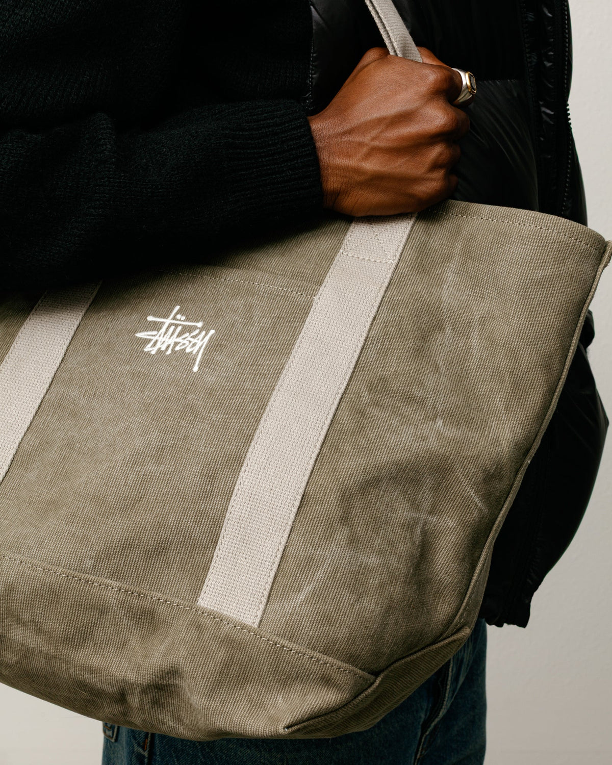 WAXED CANVAS MARKET TOTE bag in Stone with webbed straps and Stüssy logo embroidery.