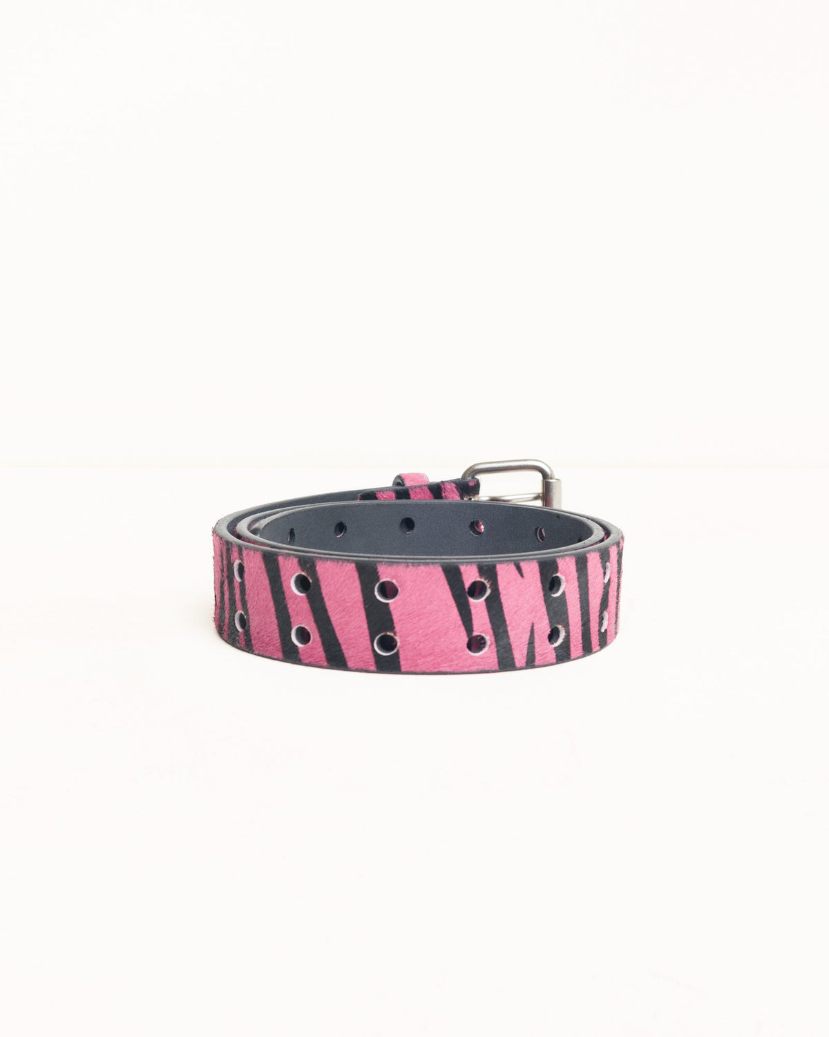 Leather Punch Out Belt Unisex In Pink Hairy Zebra Pattern