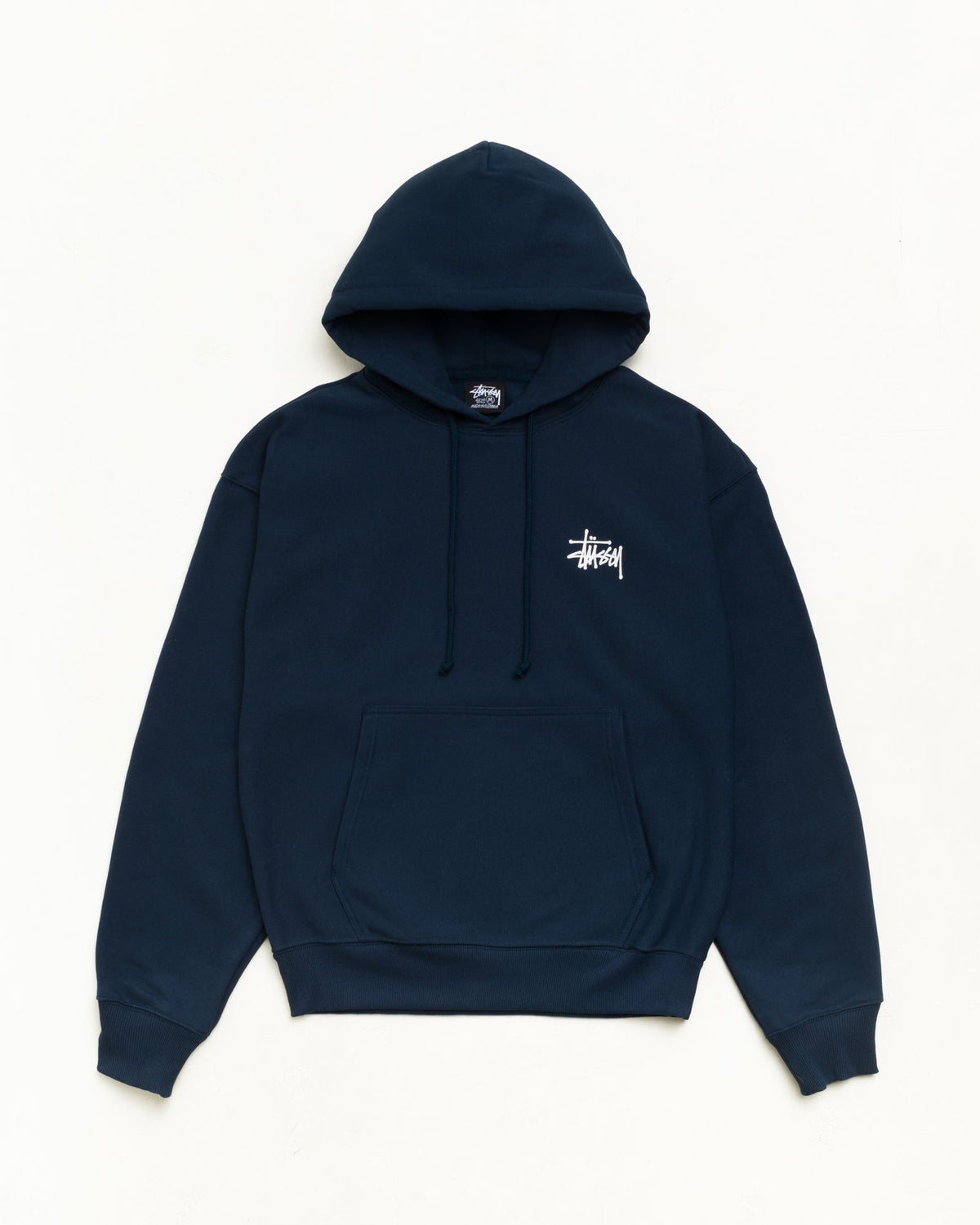 Basic Stüssy Hoodie Unisex in Navy, fleece pullover with kangaroo pocket, front flat