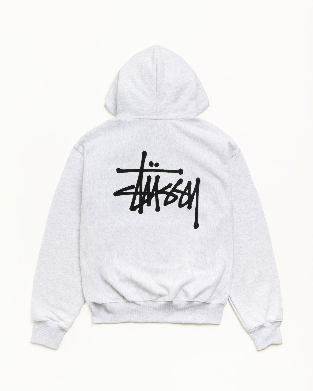 Basic Stüssy Zip Hoodie in Ash Heather, unisex relaxed-fit fleece with back logo