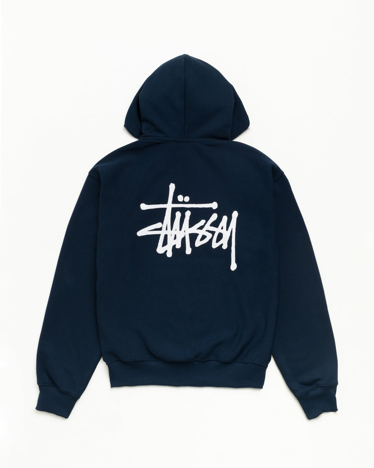 Basic Stüssy Zip Hoodie in Navy, heavyweight fleece, unisex with bold back logo